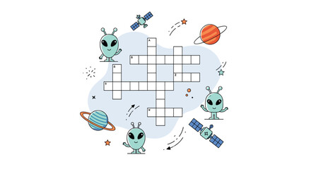 Fototapeta premium Educational crossword puzzle themed around space exploration includes cute aliens, planets, and satellites in a playful design.