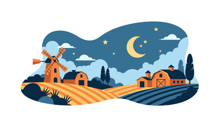 Fototapeta premium Countryside landscape at night features a windmill and barn under a glowing crescent moon and starry sky with soft clouds.