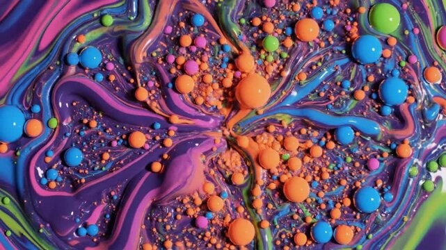 Colorful paint swirl shows mixing and movement on a flat surface in slow motion with bright patterns and vibrant colors
