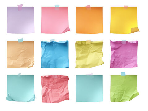 Collection of 12 colorful sticky notes with various textures isolated on transparent background