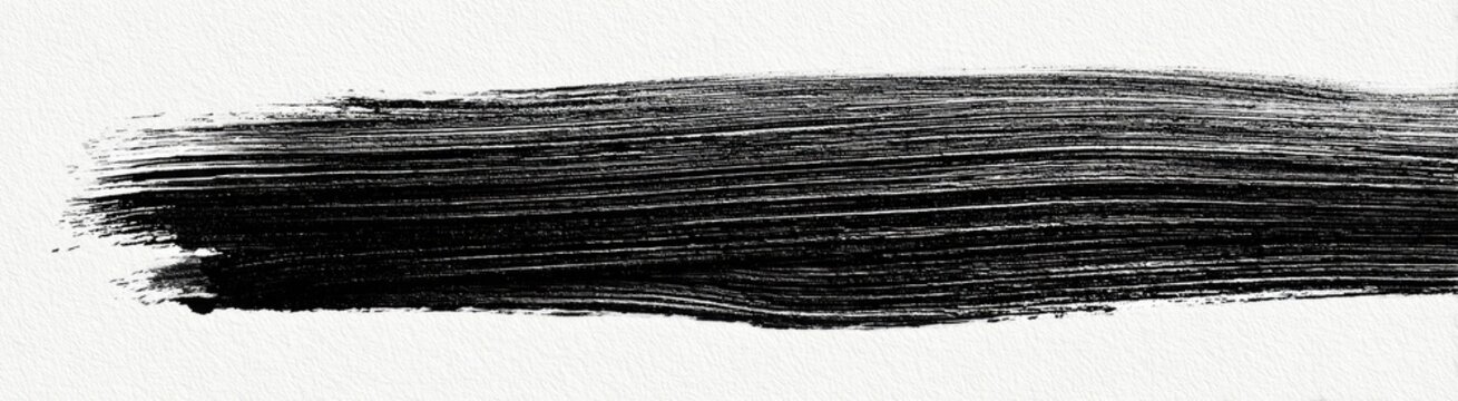 A single, thick, black brushstroke on a white background, textured and expressive