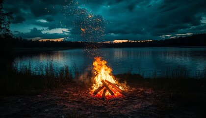 Naklejka premium Captivating bonfire glowing brightly near tranquil lake during twilight with dramatic sky filled with clouds