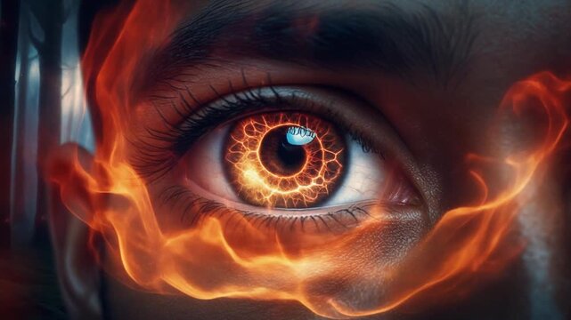 Close-up of a person's eye with flames and a forest background, symbolizing intense vision or supernatural power