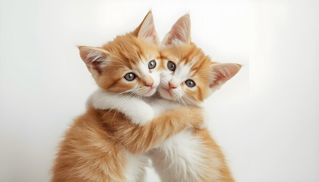 Two adorable orange kittens embracing each other in a white background