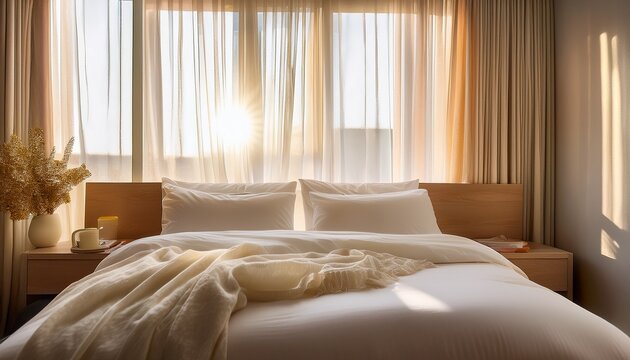 morning light softly filters through sheer curtains casting delicate patterns on crisp bed linens