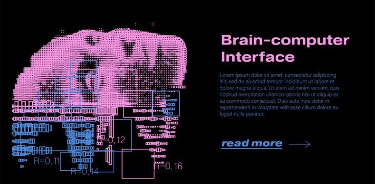 Pink dotted pixel head merges with glowing blue circuits on black background in cyberpunk style. Conceptual vector illustration for brain-computer interface, neuralink BCI, futuristic neuroscience.