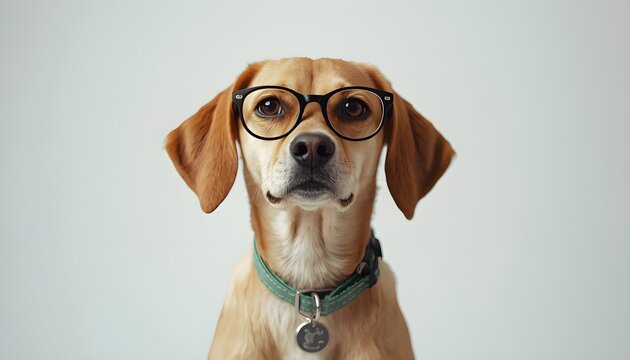 A dog wearing glasses and a collar looks directly at the camera with a curious expression.