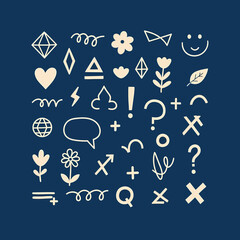 Assorted white doodle icons on deep blue background.