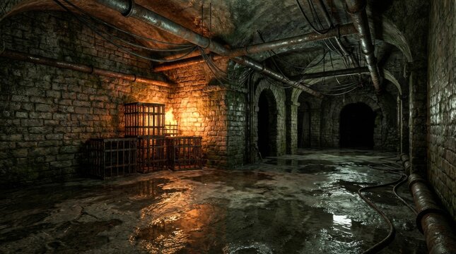 Dark Underground Room with Stone Wall and Dramatic Orange Light Represents Horror Atmosphere and Industrial Background