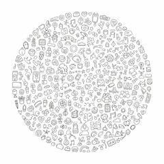 Circular collage of icons forming a unified design.