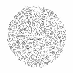 Circular collection of hand drawn doodle icons.