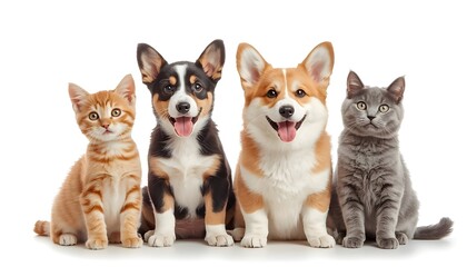 Obraz premium A group of friendly pets including dogs and cats sitting together on a white background