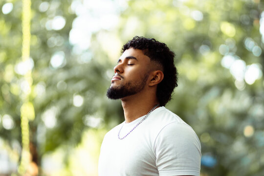 Young man finding inner peace and mindful serenity