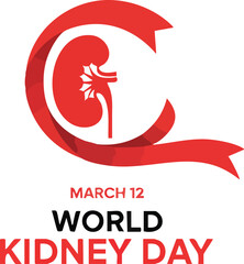 Obraz premium World kidney day march 12th graphic with red ribbon and kidney silhouette for awareness and health campaigns