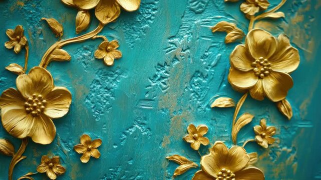 A close-up view of an embossed and gold-leafed wallpaper with a rich blue background, featuring elegant floral patterns.