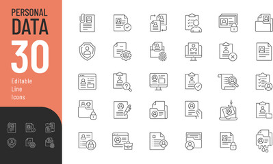 Personal Data Line Editable Icons set. Vector illustration in modern thin style of documents related icons: online portfolio, id card, data protection, and more. Isolated on transparent background.