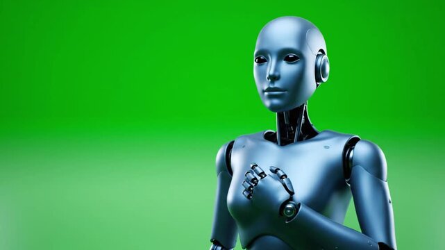 Sleek metallic female robot with articulated joints gesturing on a bright green background, embodying artificial intelligence and future robotics.
