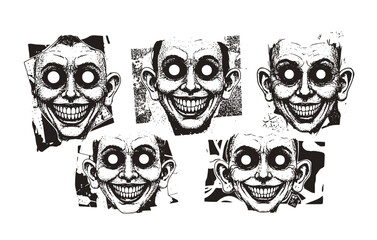 Fototapeta premium Black White Halftone Retro Grunge Creepy Face Set 5 Sketch Photocopy-White Eyeball Grin Stipple Ink Single Illustration - Creepy Face Collage Set
