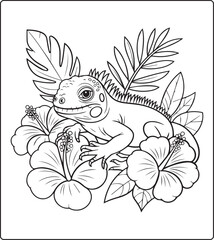 Obraz premium Cute animal with beautiful flowers coloring page for kids and adults, black line art vector illustration for activity page or book design