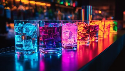 Colorful cocktail glasses filled with ice illuminated by vibrant lights in a modern bar setting