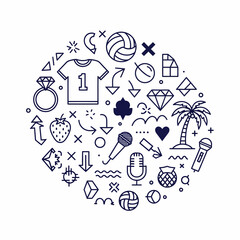 Volleyball and sports icons circle collage.