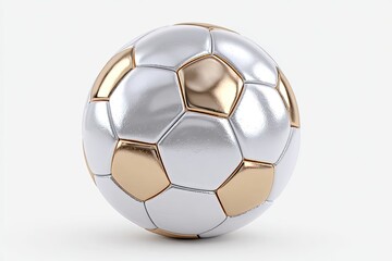 Fototapeta premium A metallic, silver and gold, soccer ball stands out against a bright white background