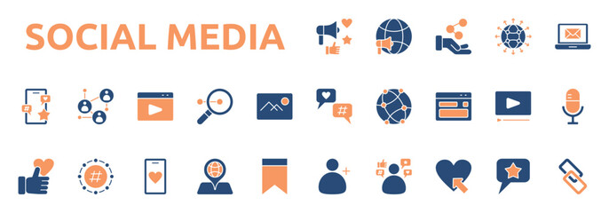 Social Media icon two color style with social, marketing, global, promotion, share, content, global connection icons