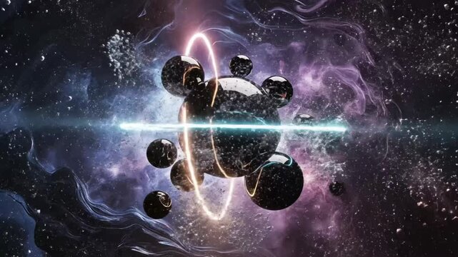 Exploring dark matter and energy patterns in outer space showing planets and cosmic objects in motion