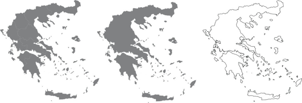Greece Map Set  Silhouette, Outline, and Regional Borders Vector Illustration