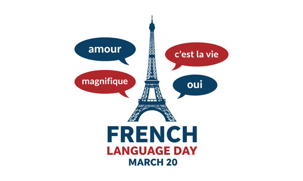 French language day celebration with eiffel tower and speech bubbles