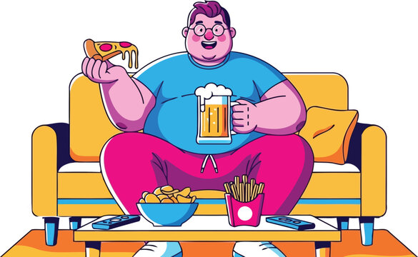 Happy obese man eating pizza with beer and snacks on sofa vector art