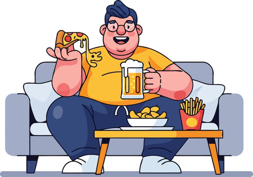 Overweight man sitting on couch eating fast food and drinking beer vector