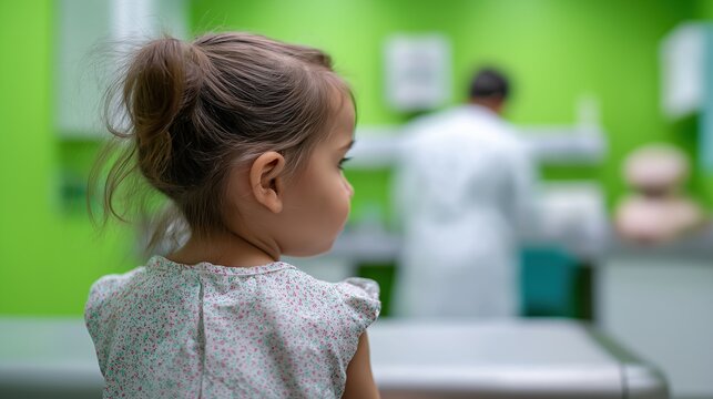 Young caucasian girl in medical clinic exam room with doctor in background