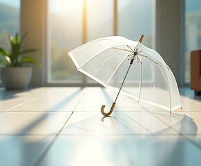 Transparent Umbrella on White Tile with Sunlight