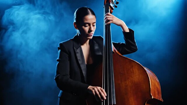 Woman in Suit Playing Double Bass with Blue Smoke