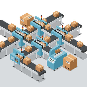 Automated Packaging Conveyor Belt System with Boxes.