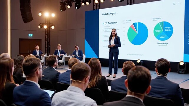 Woman presenting financial growth chart on stage at business conference