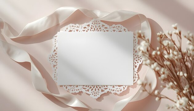 A delicate white card surrounded by pale pink ribbon and baby's breath flowers on a soft background