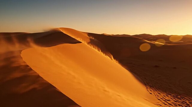 Golden Desert Dunes at Sunset with Wind Blowing Sand, Beautiful Landscape