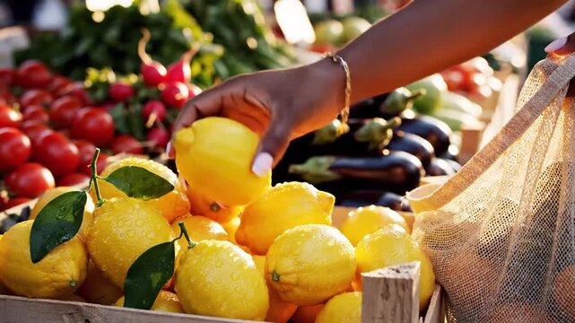 Woman's hand selecting fresh lemons at a vibrant outdoor farmer's market stall