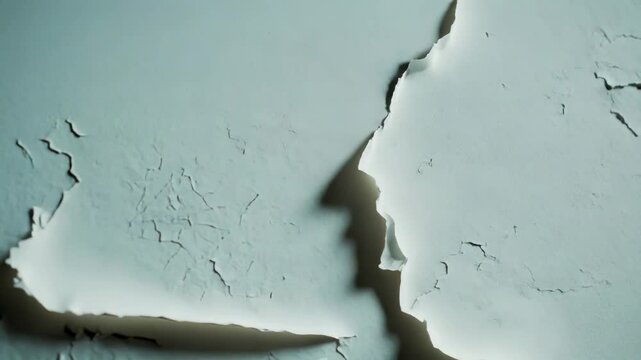 Peeling white paint lifting from a damaged wall, creating a textured surface showing decay and the need for renovation, highlighting issues of aging and neglected property maintenance