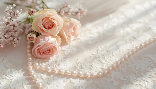 A delicate arrangement of pale pink roses and pearls on a lace fabric background