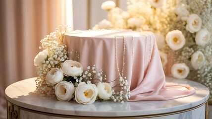 Pink Draped Table with White Flowers and Pearls stock