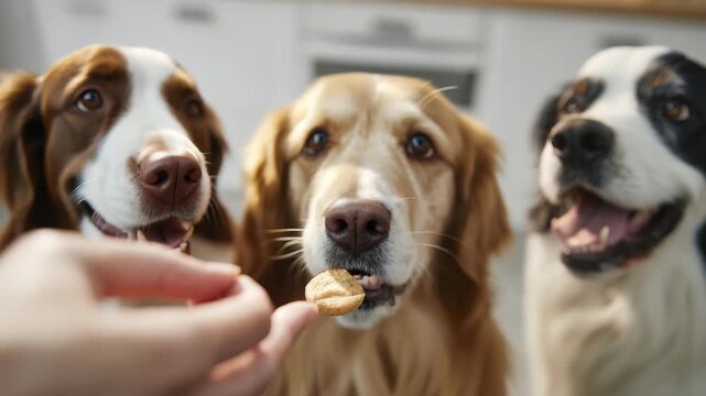 A close up shot shows three adorable dogs focused on a hand offering a treat, highlighting their expressive faces. The scene radiates warmth, happiness, and the bond between pets and humans