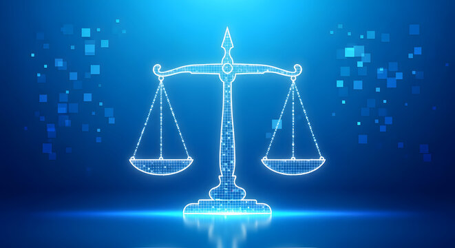 Digital scales of justice rendered in glowing blue lines and pixels, symbolizing law, fairness, and legal technology with a futuristic aesthetic and copy space.