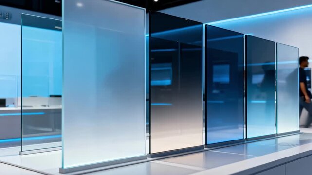 Medium shot of autodimming glass panels transitioning from transparent to opaque as visitors walk by in a tech showcase