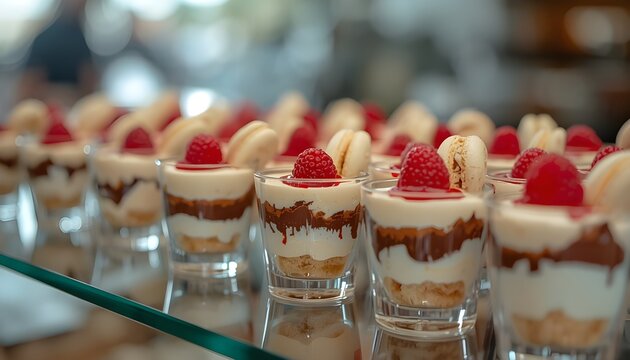 A row of small glasses filled with layered desserts topped with raspberries and macarons on a glass shelf