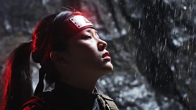 Young woman in ninja headband, looking up in cave with red ambient light