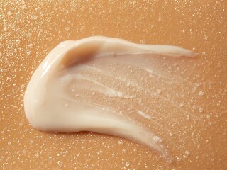 Obraz premium White sunscreen lotion spread on golden tanned skin with sparkling water droplets in warm light. Sun protection and body care concept for cosmetic brands, SPF advertising, and summer campaigns.