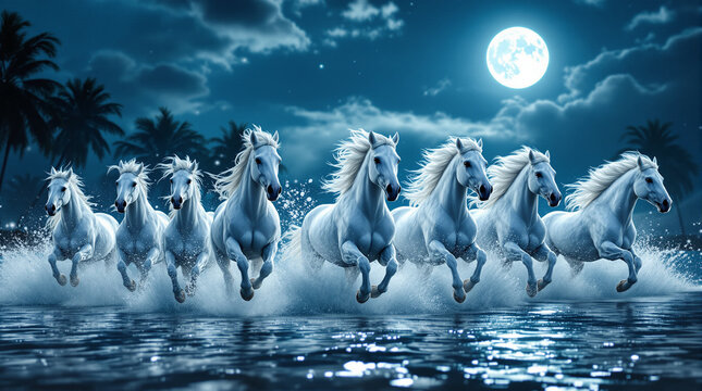 Majestic white horses galloping through ocean water under moonlight